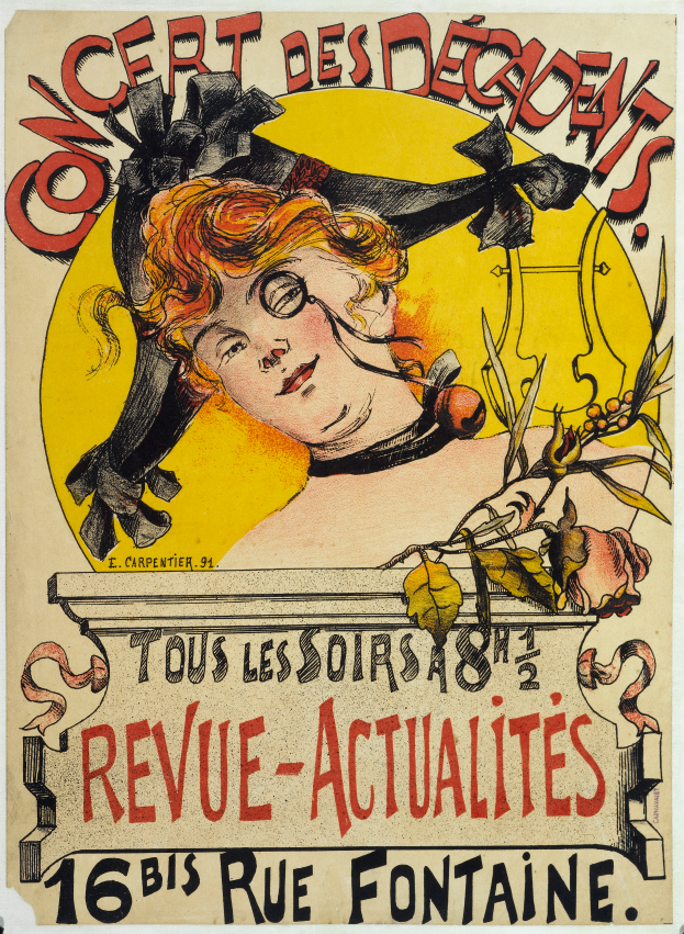 Ein Plakat, das ein Konzert der Decadents ankündigt und eine Frau mit einem menschlichen Gesicht zeigt, sowie Text, der Informationen zum Event enthält.