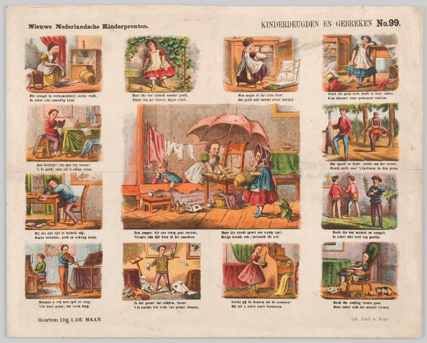 Ein abgenutztes Buch mit Illustrationen von Kindern, die in einem sonnigen, grünen Garten mit Bäumen und Sträuchern spielen.