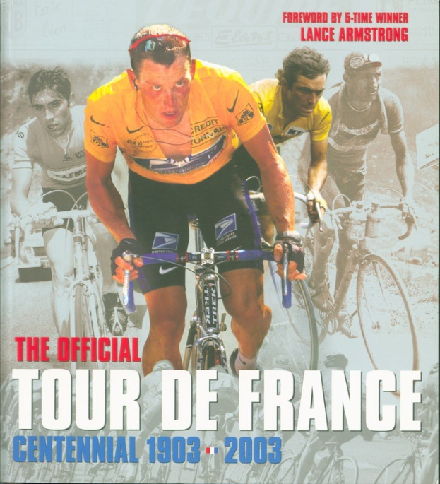 Offizielles Tour de France-Jubiläumsplakat (1903–2003) mit einer Gruppe von Radfahrern und Text mit Veranstaltungseinzelheiten.