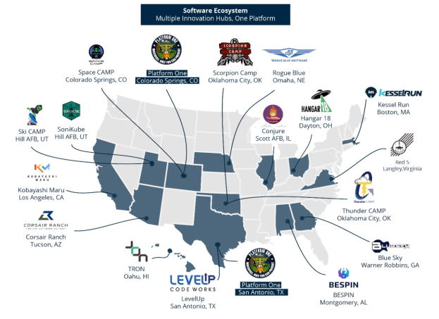 Eine Karte der Vereinigten Staaten, die mit Unternehmenslogos und Text markiert ist und die geographische Verteilung des Software-Ökosystems veranschaulicht.