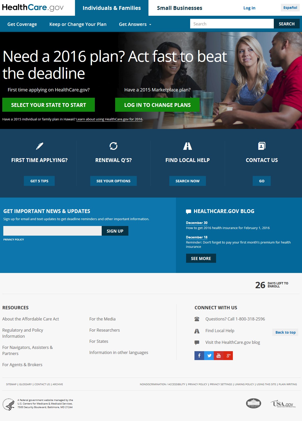 Health Care Gov-Website-Startseite zeigt eine Gruppe von Menschen an einem Tisch mit Gläsern und anderen Gegenständen, mit dem Websitetitel und Informationen.