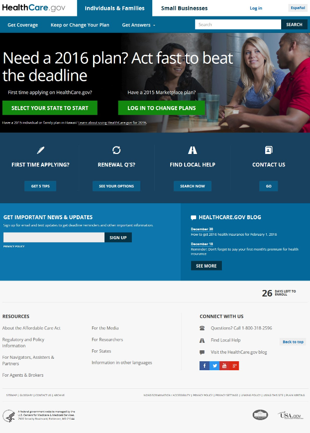 Health Care Gov-Website-Startseite zeigt eine Gruppe von Menschen an einem Tisch mit Gläsern und anderen Gegenständen, mit dem Websitetitel und Informationen.