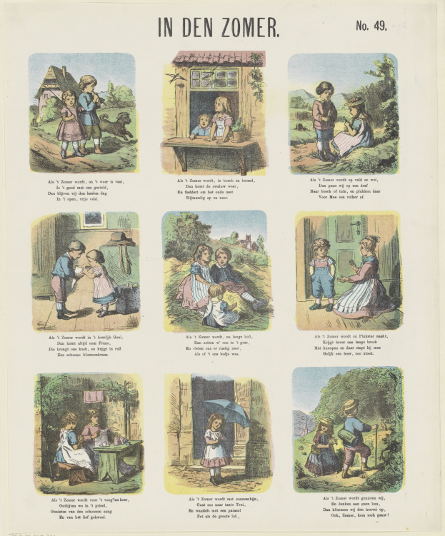 Ein Blatt mit Kindern in bunten Kleidern, die in einem üppigen, grünen Garten mit Bäumen und Sträuchern spielen, begleitet von spielerischem Text.