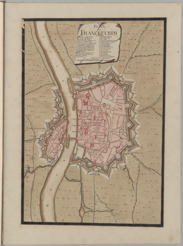 Ein altes Buch mit einer detaillierten Karte von Frankfurt, Deutschland, mit Straßen, Gebäuden und Landmarken, begleitet von beschreibendem Text.
