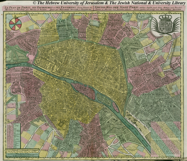 Ein gerahmter alter Stadtplan von Jerusalem mit der Hebr├╝ischen Universit├Ąt und der J├╝dischen National- und Universit├Ątsbibliothek beschriftet.