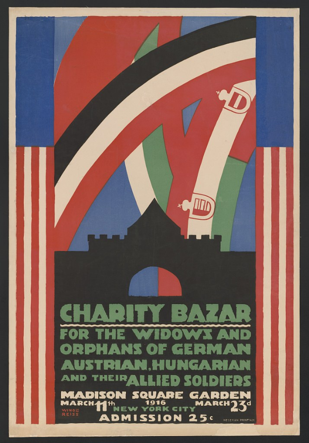Ein Plakat für einen Wohltätigkeitsbasar zugunsten der Witwen und Waisen von Soldaten verschiedener Nationen, mit Veranstaltungseinzelheiten.
