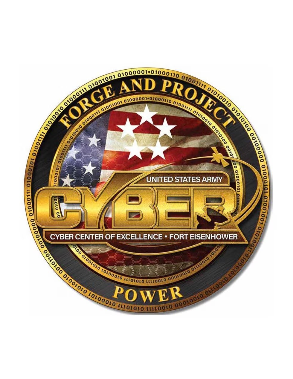 Logo der United States Army Cyber Center of Excellence, Fort Eisenhower, mit einem blauen Kreis mit einem weißen Stern, umgeben von einem weißen Rand, und dem Text "Forge and Project Cyber Power" in fetter schwarzer Schrift darunter.