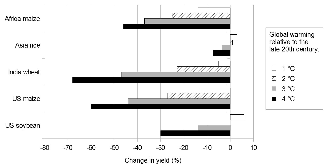 Balkendiagramm, das die globale Erwärmung im Vergleich zum späten 20. Jahrhundert zeigt, mit Säulen unterschiedlicher Höhe, die verschiedene Klimaveränderungen darstellen.