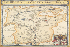 Ein detailliertes historisches Plakat der ersten deutschen Grafschaft Tirol mit einer Karte, die geografische Merkmale wie Flüsse, Berge und Städte sowie erklärenden Text über die Region und ihre Bewohner enthält.