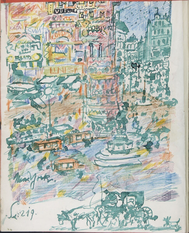 Buchumschlag mit detaillierter Illustration einer belebten Stadtlandschaft mit Gebäuden, Fahrzeugen, Menschen und einem Brunnen, begleitet von Text.