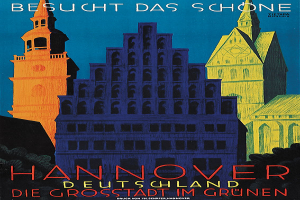 Plakat zur Bewerbung von Hannover, Deutschland, mit einigen Gebäuden, Bäumen und Textinformationen über die Stadt.