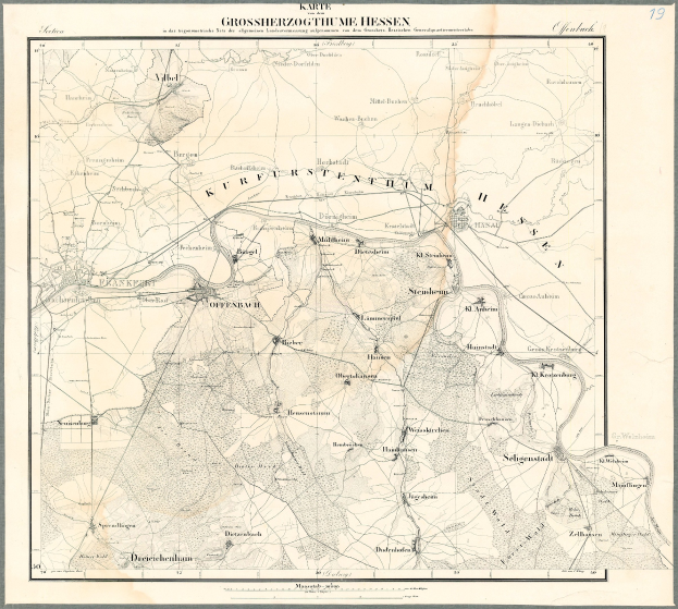 Alte Karte von Hessen, Deutschland, in einem Foto Rahmen mit schwarzen Rändern und Text.