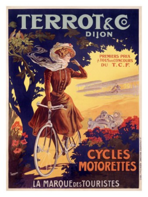 Plakat für eine Fahrradtour in Frankreich, das eine Frau auf einem Fahrrad zeigt, umgeben von Bäumen, Blumen und anderen Menschen, mit Text, der die Tour beschreibt.