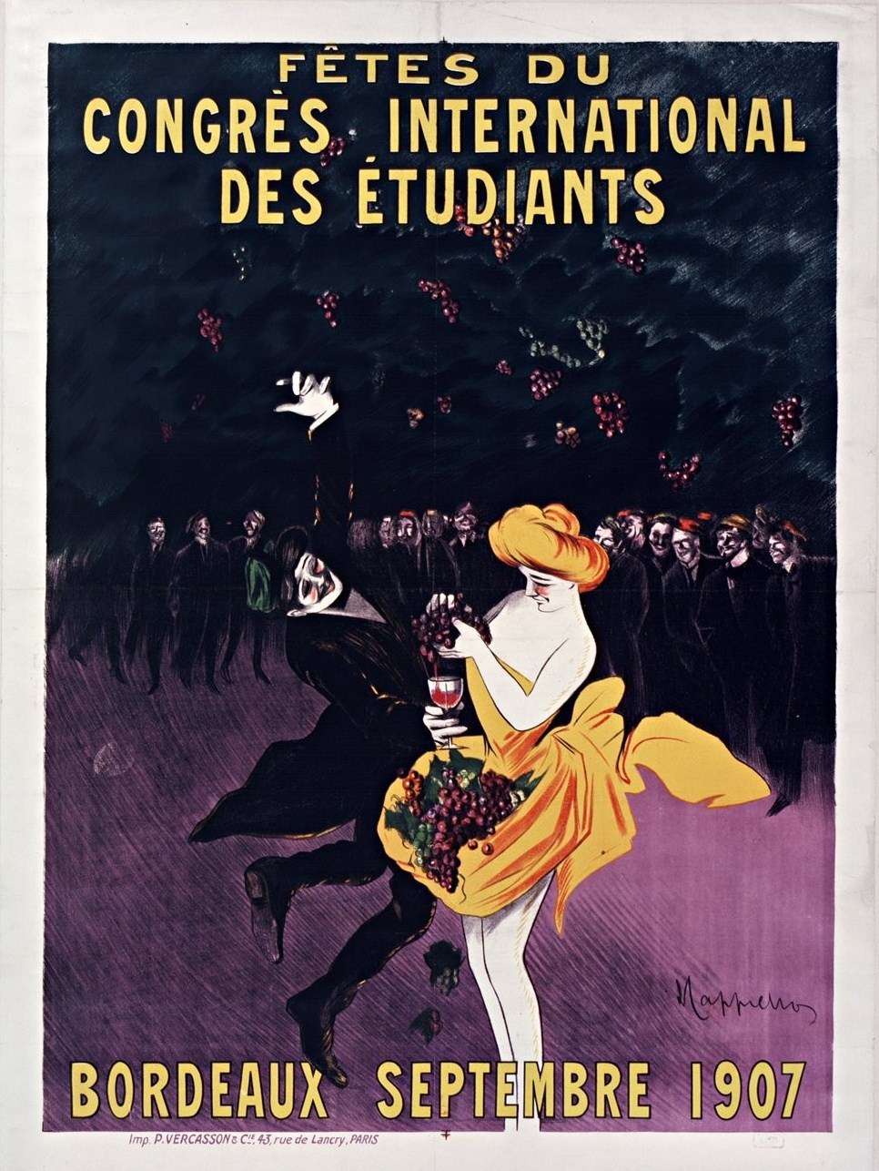 Plakat aus dem Jahr 1907, das ein Weinprobe-Event in Bordeaux, Frankreich, ankündigt, mit einer Frau in gelbem Kleid, die ein Weinglas hält, umgeben von einer Menge, mit Eventdetails im Text.