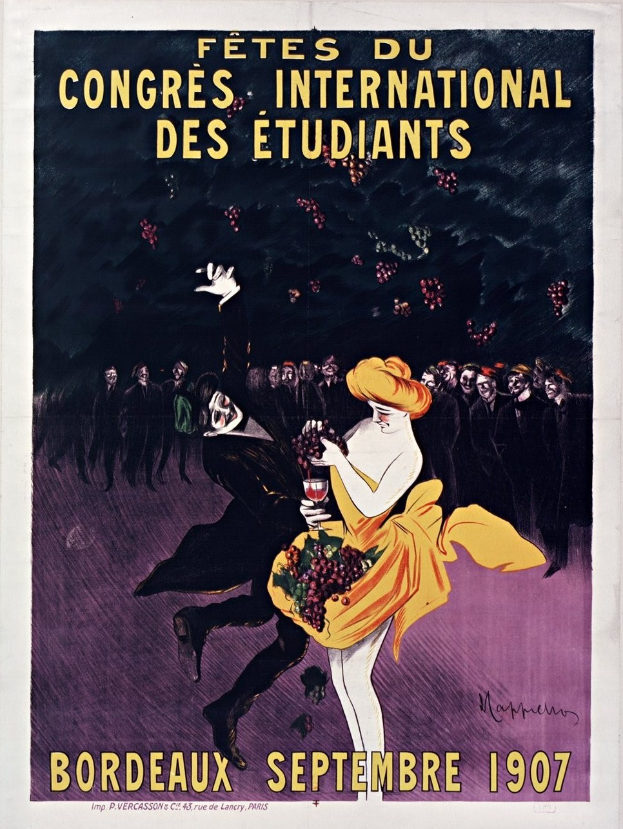 Plakat aus dem Jahr 1907, das ein Weinprobe-Event in Bordeaux, Frankreich, ankündigt, mit einer Frau in gelbem Kleid, die ein Weinglas hält, umgeben von einer Menge, mit Eventdetails im Text.