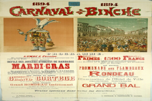 Ein Vintage-Plakat, das einen Fasching in Banche, Frankreich, ankündigt, zeigt Bilder von Menschen, Gebäuden und Text.