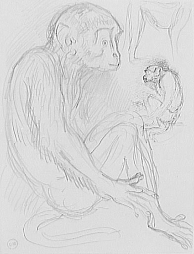 Eine Skizze eines hellbraunen Affen, der auf dem Boden sitzt und ein Baby in den Armen hält, mit geschlossenen Augen und einem sanften Gesichtsausdruck, während das Baby nach oben schaut und zufrieden lächelt.