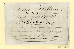 Ein Blatt mit der Aufschrift "John Hilton, bei Nr. 67, West Smithfield, London" darauf.