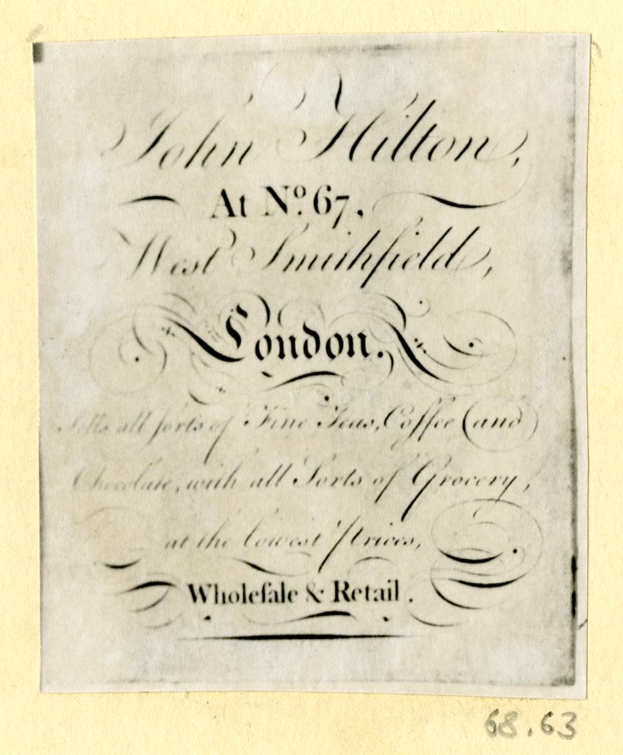 Ein Blatt mit der Aufschrift "John Hilton, bei Nr. 67, West Smithfield, London" darauf.