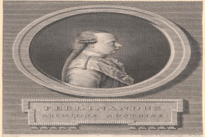 Gravur von Ferdinand, Erzherzog von Österreich, mit einem zentralen Porträt, das sein Gesicht, einen seitlichen Blick, ein leichtes Lächeln, zurückgekämmtes Haar und einen dunklen, hochgeschlossenen Mantel zeigt, begleitet von Text unten.