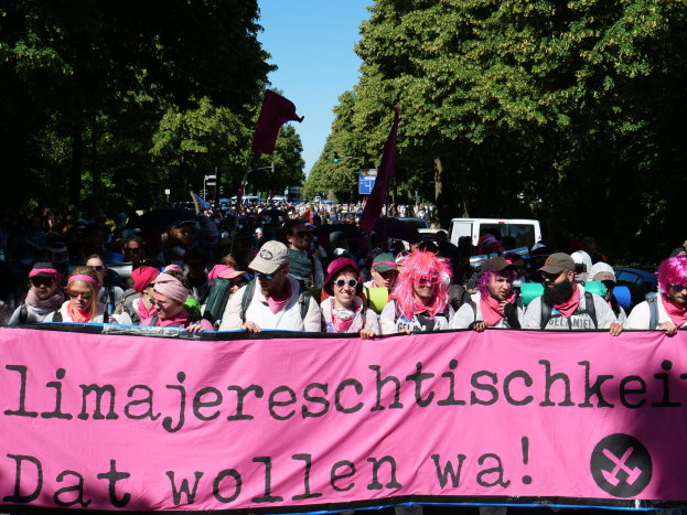 Eine Gruppe von Menschen marschiert die Straße entlang, hält ein pinkes Banner mit der Aufschrift "Women's March in Berlin", wobei einige Mützen und Goggles tragen und andere Fahnen halten, vor einem Hintergrund von Bäumen, Fahrzeugen und Himmel.