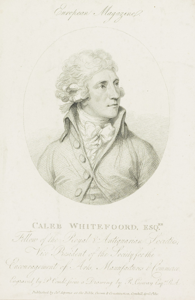 Porträt von Caleb Whiteford, Esq., Präsident der Society for the Encouragement of Arts, Manufacturers and Commerce, in einem Anzug mit ernstem Gesichtsausdruck, haltend ein Papier mit geschriebenem Inhalt.