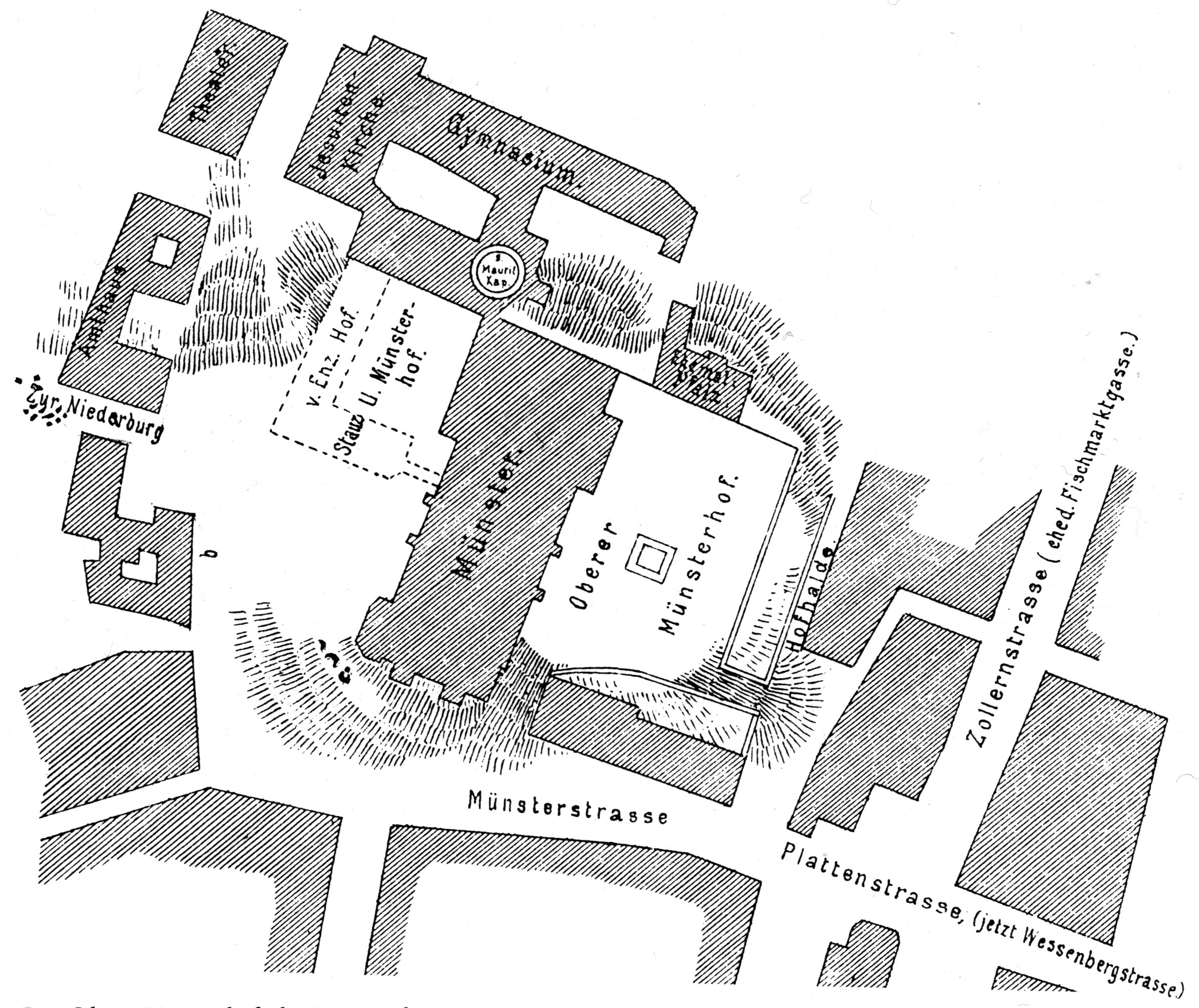 Schwarze und weiße Karte des Münsterstrasse-Stadtplans, der Straßen, Gebäude und andere Merkmale zeigt.