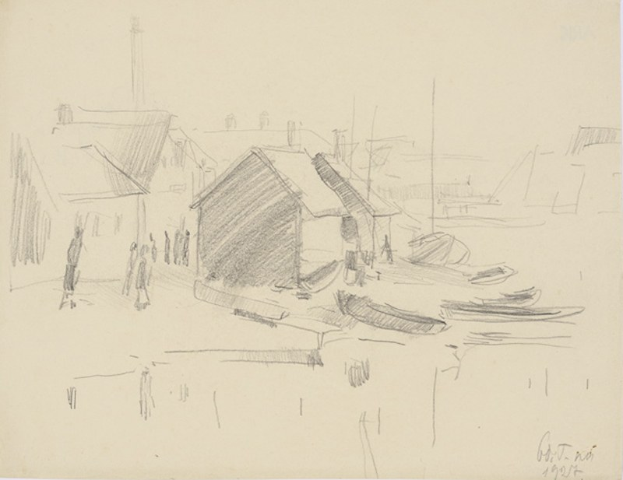 Eine Zeichnung eines in einem Hafen liegenden Bootes mit Häusern und Menschen im Hintergrund auf einem Blatt Papier mit Schrift.