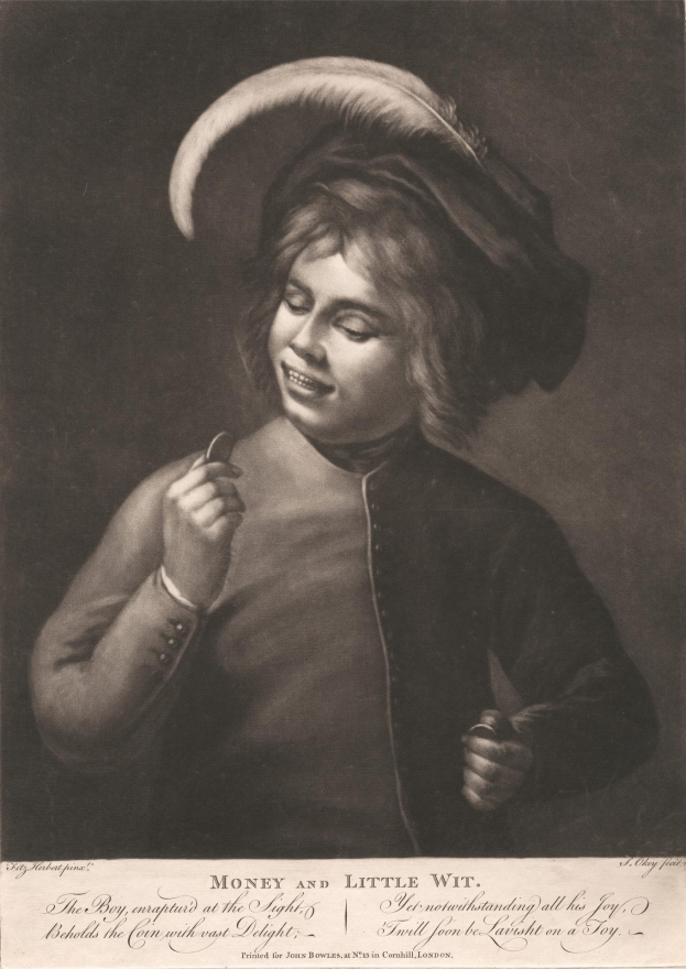 Ein junger Junge mit Hut hält eine Zigarette in der Hand und hat einen verschmitzten Ausdruck im Gesicht, mit dem Text "Geld und wenig Verstand" unten.