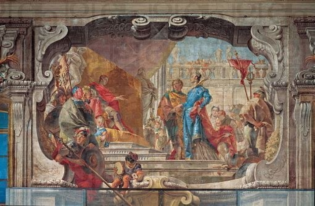 Ein lebendiges und detailliertes Deckengemälde, das eine Gruppe von Menschen in verschiedener Kleidung zeigt, umgeben von Skulpturen und Gegenständen, dargestellt in einem realistischen Stil mit einer Bewegungseindruck.