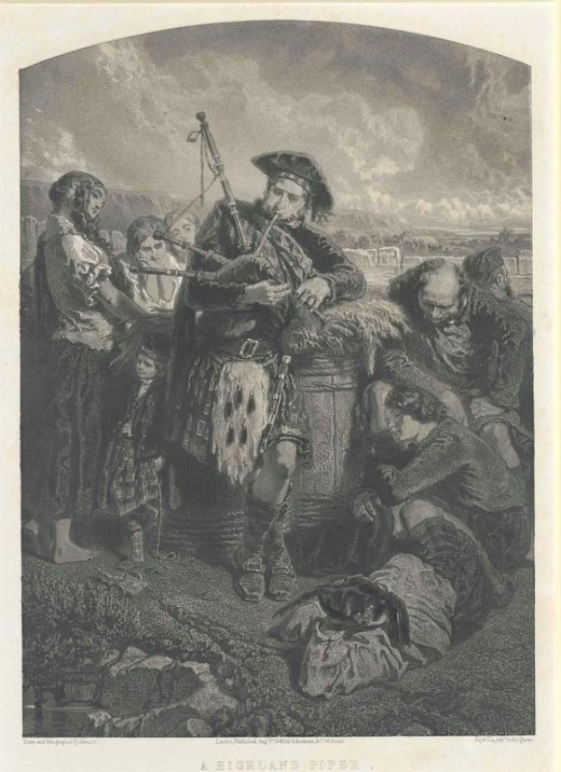 Schwarz-weißes Gravurbild eines Mannes, der eine Dudelsackpfeife vor einer Gruppe von Menschen spielt, mit einem bewölkten Himmel und der Beschriftung "A Highland Pipe" unten.