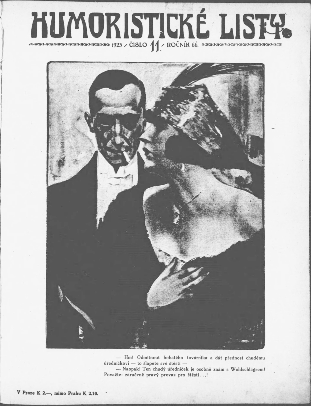 Schwarz-weißes Magazin-Cover mit der Überschrift 'Humoristische Liste', das einen Mann in Anzug mit ernster Miene und eine Frau zeigt, die verschmitzt wegsieht.