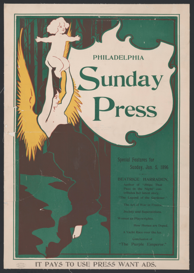 Ein Plakat für die Philadelphia Sunday Press, das eine Frau mit einem menschlichen Gesicht in der Mitte zeigt, mit Text, der Informationen über die Press gibt.