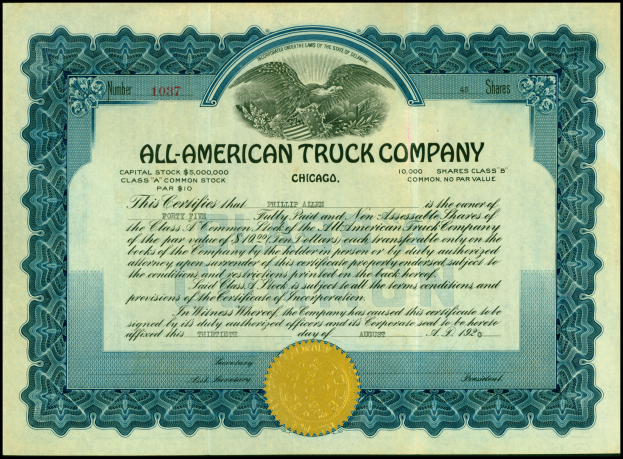 Ein Aktienzertifikat einer US-amerikanischen Lkw-Firma mit schwarzem Rand und goldenem Siegel in der Mitte, das bedruckten Text enthält.