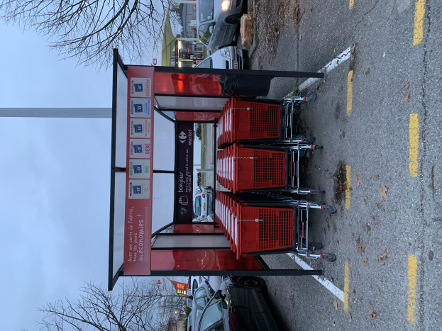 Ein Parkplatz mit mehreren roten Einkaufswagen vor einer Bushaltestelle, Fahrzeuge einschließlich eines Autos und eines Lastwagens auf der Straße und Bäume, Gebäude und einen klaren blauen Himmel im Hintergrund.