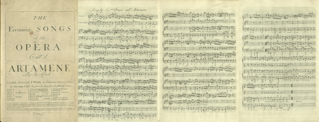 Ein aufgeschlagenes Buch mit dem Titel "Die Lieblingslieder in der Oper" mit Noten, Text und musikalischen Symbolen.