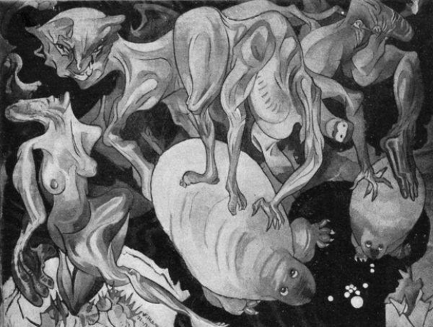 Schwarzes und weißes Zeichnung von 1938 von KÜNSTLER mit einer Gruppe von Tieren, einschließlich eines Löwen, einer Giraffe, eines Zebras und eines Flusspferds, in einem dunklen, mysteriösen Raum mit zusätzlichem Text.