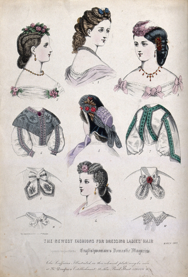 Eine Broschüre mit dem Titel "Die neuesten Moden für die Frisur von Damen" mit Abbildungen von Frauen in verschiedenen Kleidern und Frisuren, wobei Kleider in hellen und gedeckten Farben und Frisuren von lang und wellig bis kurz und lockig zu sehen sind.
