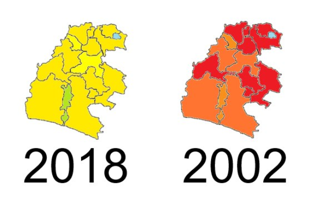 Karte von Deutschland, die die Provinzgrenzen von 2002 und 2018 in Gelb, Rot und Orange auf einem weißen Hintergrund mit Text hervorhebt.