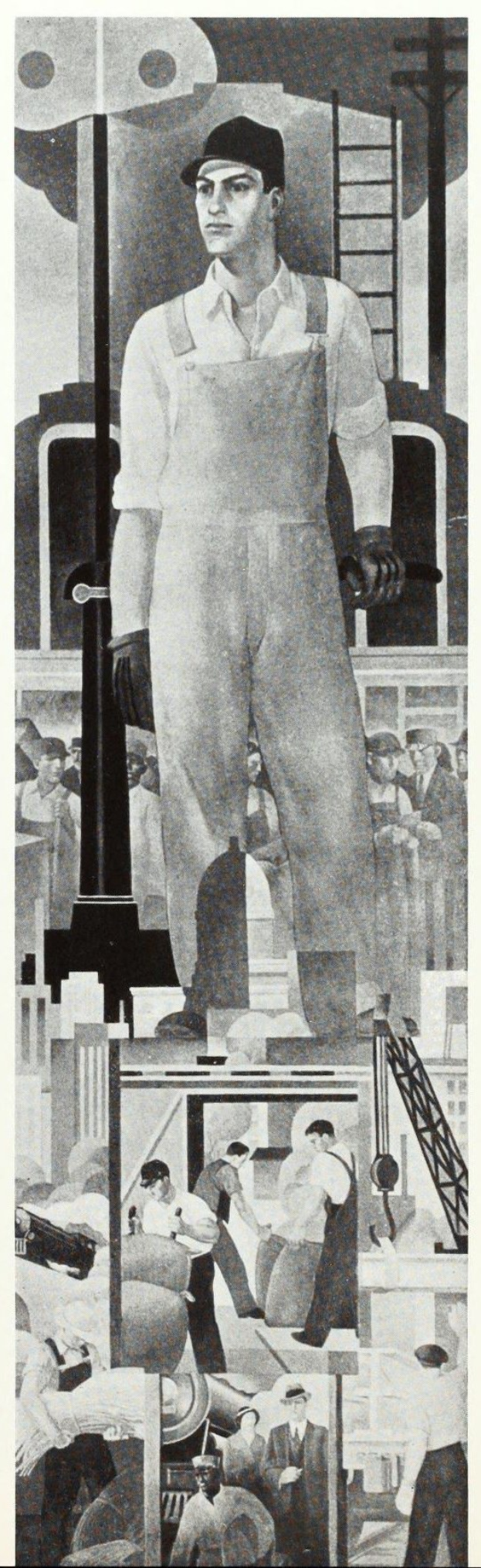 Schwarz-weißes Bild eines Mannes in Arbeitskleidung und Hut vor einem Gebäude, mit einer Collage von Arbeitern, einer Leiter und anderen Gegenständen darunter