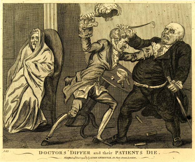 Ein Plakat mit zwei Figuren - eine sitzend in einem Stuhl und die andere stehend und ein Objekt haltend - mit dem Text "Ärzte differieren und ihre Patienten sterben" unten.