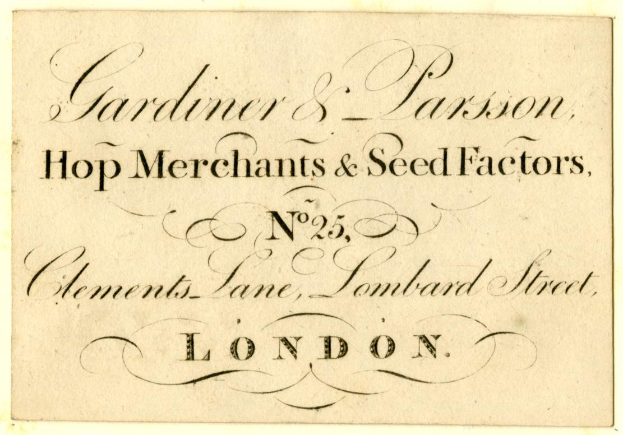 Schwarze und weiße Visitenkarte für Gardner & Parsons, Hopf merchants & Saatgut-Faktoren, ansässig in Nr. 25, Elements Lane, Lombard Street, London.