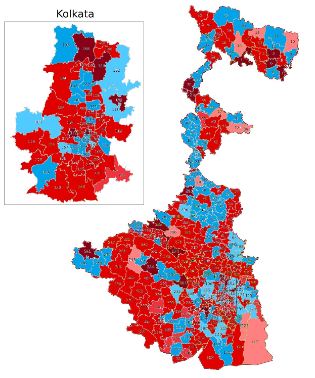 Eine Karte von Kolkata, Indien, farblich kodiert, um den Prozentsatz der Bewohner zu zeigen, die in der Stadt leben, mit der Überschrift "Kolkata Wahl-Ergebnisse" oben.