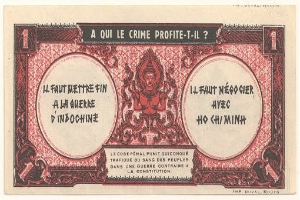 Französische Banknote mit ernstem Mann im Anzug vor weißem Hintergrund mit schwarzem Rand, Text lautet: "A qui le crime profite-il?"