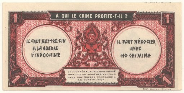 Französische Banknote mit ernstem Mann im Anzug vor weißem Hintergrund mit schwarzem Rand, Text lautet: "A qui le crime profite-il?"