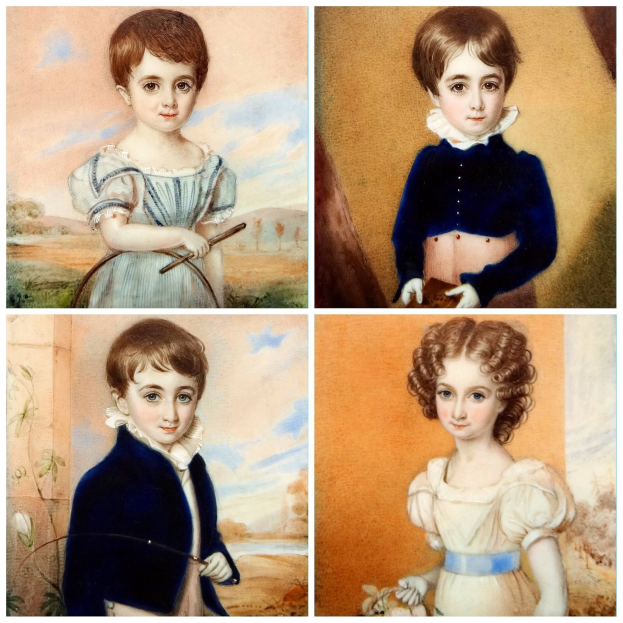 Collage aus vier leuchtenden Gemälden, die Kinder in verschiedenen Posen und Outfits zeigen, jedes mit einzigartigen Gesichtsausdrücken und detaillierten Zügen.