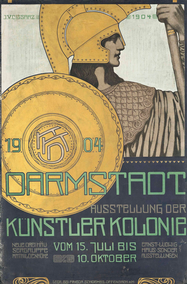 Plakat für ein Konzert in Berlin, Deutschland, 1904, mit einer Person in einem Helm, die einen Schild hält, und 'Darmstadt' und 'Künstlerkolonie' in fetter Schrift.