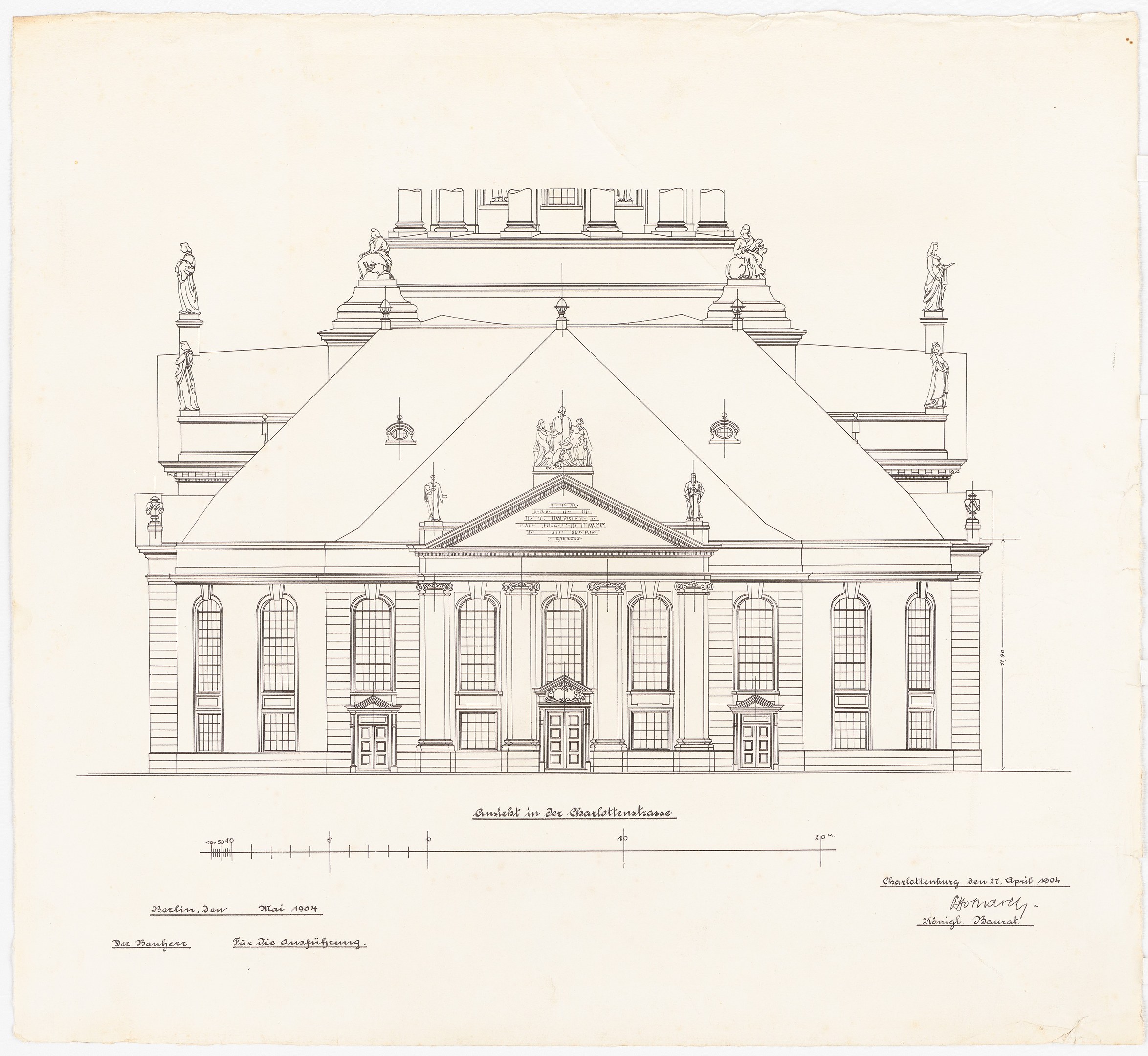 Schwarz-weiß-Zeichnung der Schlosshof-Fassade in Dresden, Deutschland, mit zahlreichen Fenstern und Statuen an ihrer Dachlinie auf einem Papier mit handgeschriebener Text.