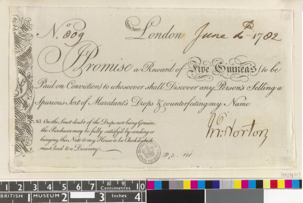 Schwarz-weißes Dokument mit handgeschriebener Text, Amtssiegel und Farbskalen am unteren Rand, die eine Belohnung von fünf Emiraten für die Meldung von Fälschungen von Mardants Tropfen angeben.