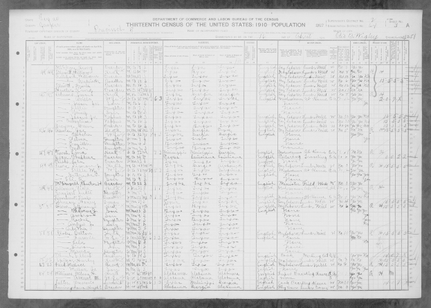 Schwarzes und weißes Foto einer 1910er US-Zensusseite mit detaillierten Bevölkerungsdaten nach Bundesstaaten